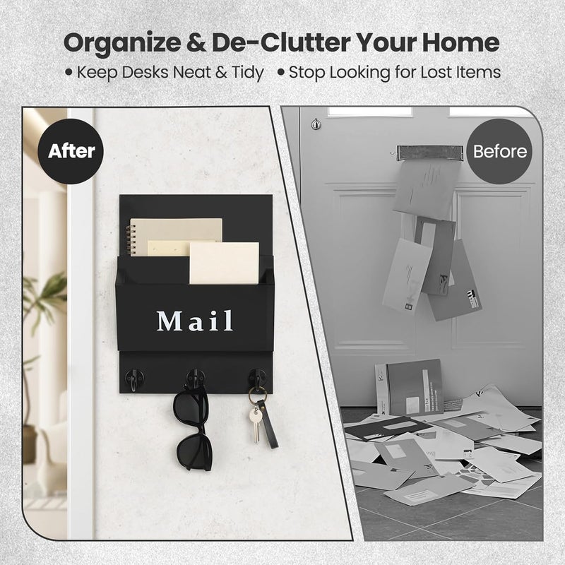 Lucundm Mail and Key Holder - Decorative 9.8" x 12.5" Wall Key Hanger with 2 Mail Organizer Slots and 3 Hooks - Real Paulownia Wood with Keyhole Brackets, Hardware and Instructions (Black) - Image 2